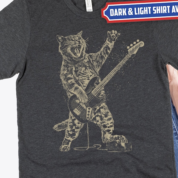 Camicia gatto Rockstar bassista / T-shirt animale divertente / Regali per t-shirt chitarrista / Magliette rocker / Idea regalo papà rock / Bassista / Camicie band