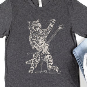 Rockstar Cat Shirt | Funny Animal T-shirt | Meow Guitarist Tshirts | Retro Rock Metal Short Sleeve | Guitar Lover Tee Gift Idea | Rocker Cat