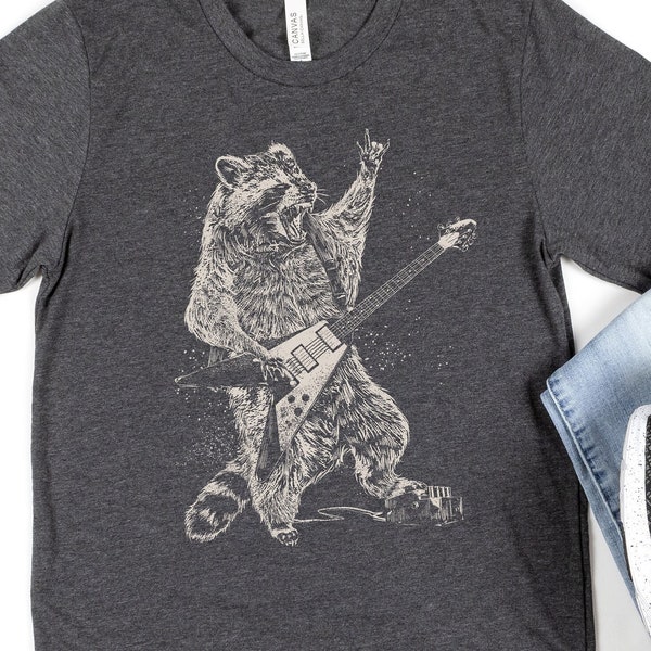 Rockstar Raccoon Shirt | Funny Animal T-shirt | Woodland Animal Tee | Guitarist Tshirts | Retro Rock Metal Short Sleeve | Guitar Lover Gifts