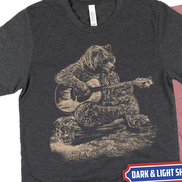 Camisa Chillin de guitarra de oso lindo / Camiseta de animales divertidos / Regalos de camiseta de guitarrista / Oso frío en el bosque manga corta / Retro Vintage