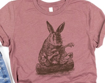 Cute Bunny in Playing Ukulele Shirt | Funny Animal T-shirt | Rabbit on Woods Shirt | Retro Animal Lover Tee Gift | Vintage Band Musician Tee
