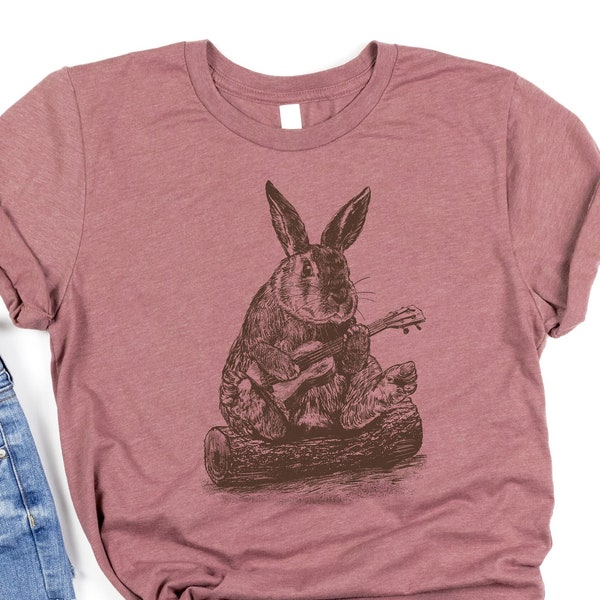 Cute Bunny in Playing Ukulele Shirt | Funny Animal T-shirt | Rabbit on Woods Shirt | Retro Animal Lover Tee Gift | Vintage Band Musician Tee