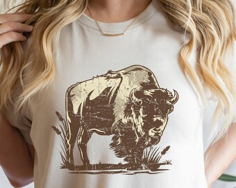 Maglietta con stampa "American Buffalo" / T-shirt western / Idea regalo per t-shirt da esterno / Maglietta a maniche corte con stampa "Bison" / Maglietta in cotone rodeo / Maglietta hippie boho / T-shirt alla moda