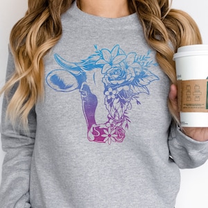 Floral Cow Sweatshirt | Farm Animals Crewneck | Flower Highland Cow Sweater | Cute Animal Long Sleeve | Colorful Cow Head Xmas Gifts Idea
