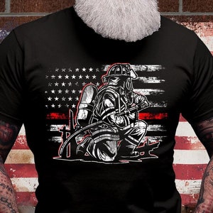USA Firefighter Shirt | Fireman Dad Tee Gift Idea | US Fire fighter T-shirt | Red Thin Line Cotton Jersey | 911 Rescue Short Sleeve Tees