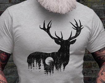 Deer Outdoor Scene Shirt | Antler T-shirt | Hunting Dad Tee Gift Idea | Hunter Short Sleeve | Hunt Life Cotton Jersey | Camping View Shirts