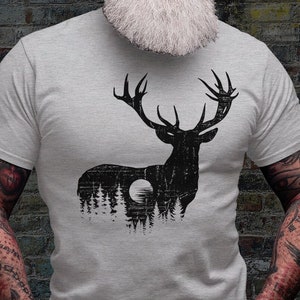 Deer Outdoor Scene Shirt | Antler T-shirt | Hunting Dad Tee Gift Idea | Hunter Short Sleeve | Hunt Life Cotton Jersey | Camping View Shirts
