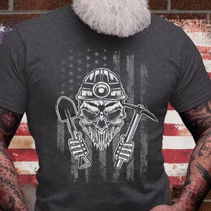 USA Mining Skull Shirt | Miner Dad Gift Idea | Pickaxe and Shovel T-shirts | Digger Cotton Jersey | Gold Mine Short Sleeve | Skilled Works