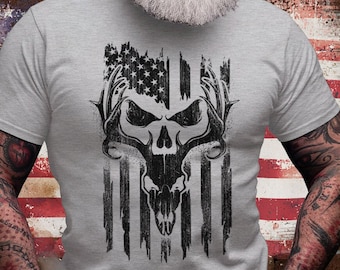 USA Deer Hunting Shirt | Antler Tee Christmas Gift Idea | Wild Life T-shirt | Hunter Cotton Jersey | Outdoor Short Sleeve | Deer Skull Shirt