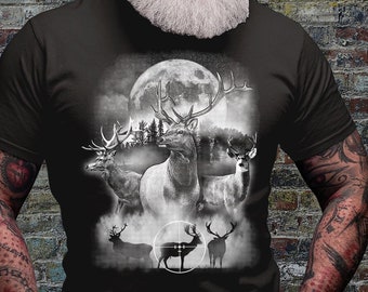 Deer Outdoor Scene Shirt | Hunting T-shirt | Hunter Shirts | Antler Dad Gift Idea | Elk Deer Target Tee | Camping View Tshirt | Twilight Tee