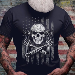 US Mechanic Skull Shirt | Garage T-shirt | Mechanical Dad Gift Idea | Wrench Tools Short Sleeve | Repairman Tee Gifts | Repair Dad Tshirts