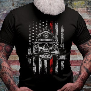 USA Firefighter Shirt | US Fireman T-shirt | Fire Fighter Xmas Gifts | Red Thin Line Short Sleeve | Patriotic 911 Rescue Team Cotton Jersey