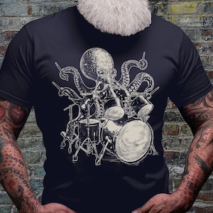 Funny Drummer Octopus Shirt | Weird Tshirt | Mens Graphic T-Shirt | Drummer Player Shirts | Band Member Tee | Rockstar Shirts | Rocker Gifts