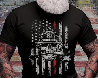 USA Firefighter Shirt | US Fireman T-shirt | Fire Fighter Xmas Gifts | Red Thin Line Short Sleeve | Patriotic 911 Rescue Team Cotton Jersey