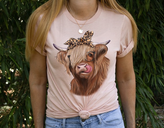 Cutest Highland Cow Shirt | Farm Cow Tshirt | Licking Cow Tee | Cute Farm Life Gift Idea | Leopard Print Band Cow Short Sleeve Cotton Jersey