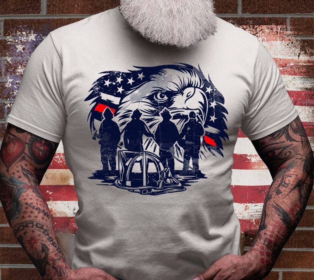 US Firefighter Eagle Shirt | Fireman Dad T-shirt | USA American Bird Tee | Red Thin Line Gift Idea| 911 Emergency Rescue Short Sleeve Jersey