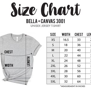 Puede incluir: Tabla de tallas para camiseta de jersey unisex Bella + Canvas 3001. La tabla muestra las medidas en pulgadas para el pecho, el ancho y la longitud para las tallas XS a 5XL.