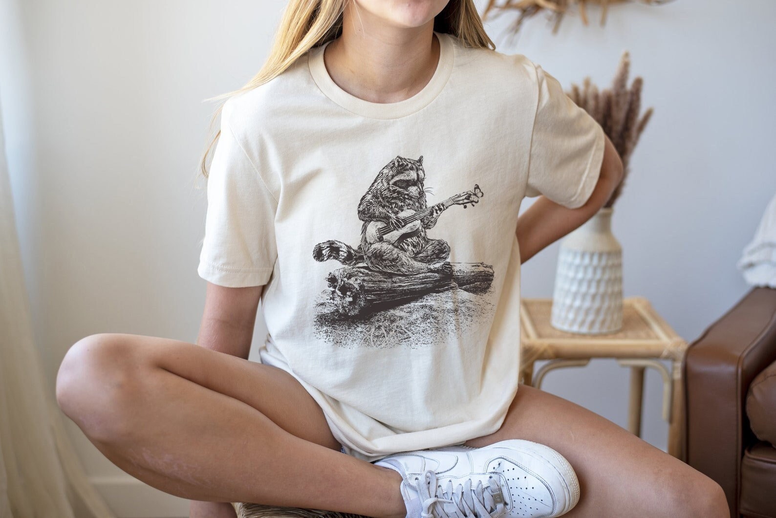 Cute Raccoon in Ukulele Shirt | Funny Animal T-shirt | Guitarist Tee Gifts | Street Cat Shirts | Stay Trashy Short Sleeve | Woodland Animal