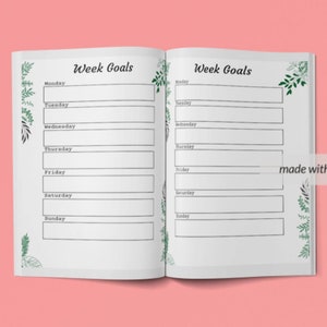 May include: A black and white planner with the words "Week Goals" at the top of each page. The pages are decorated with green leaf illustrations.