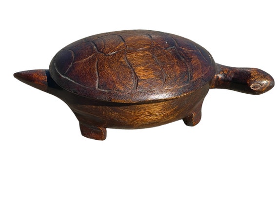 Vintage Wooden Turtle Figure | Brown Lidded Turtl… - image 1