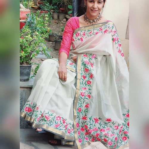 Shops Floral,Festive must have, a fully handpainted maheshwari silk cotton saree with hand running painted blouse piece