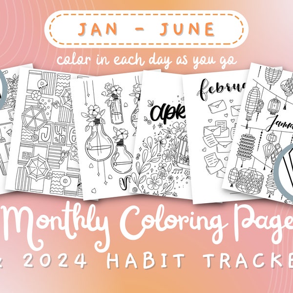 January - June 2024 | 6 Months Coloring Pages and Habit Tracker | Fitness Workout Tracker | Bullet Journal | Printable Coloring Pages