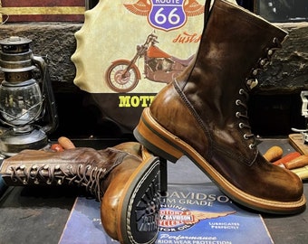 Vintage Retro Brown High-Top Leather Motorcycle Boots for Men