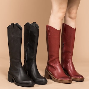 Cowhide Boots Women Thick Heel Knight Boots Velvet Warm High-Tube Women Boots Wine Red and Black