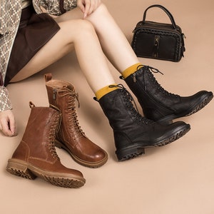 Retro Boots Women British Leather Handmade Mid-tube Women's Boots