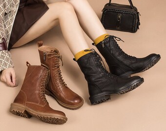 Retro Boots Women British Leather Handmade Mid-tube Women's Boots