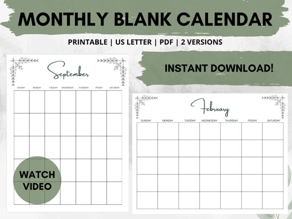 Minimal Monthly Blank Calendar Printable US Letter PDF - Etsy