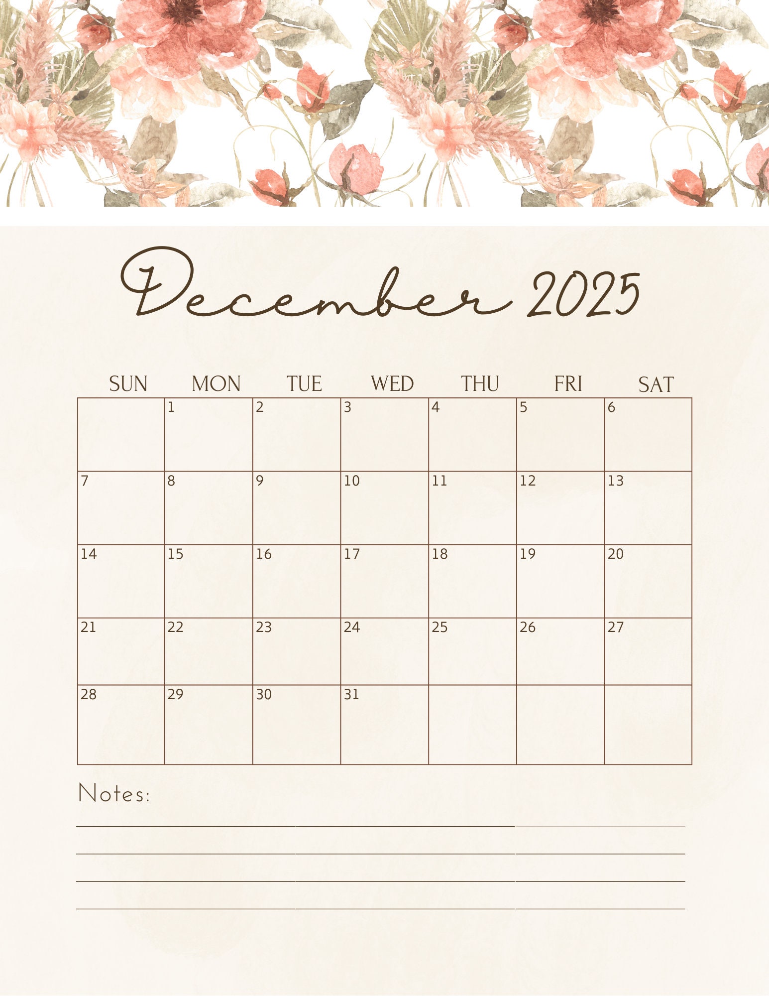 2025 Printable Calendar Templates Floral Etsy