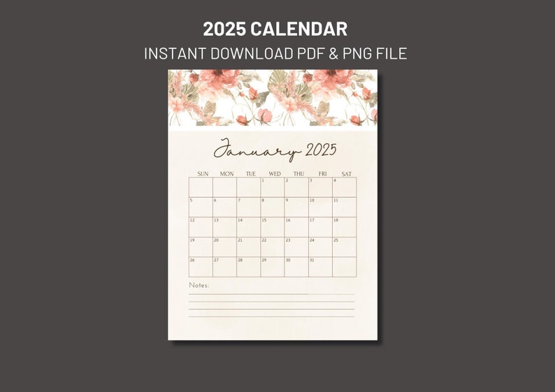 2025 Printable Calendar Templates Floral Etsy