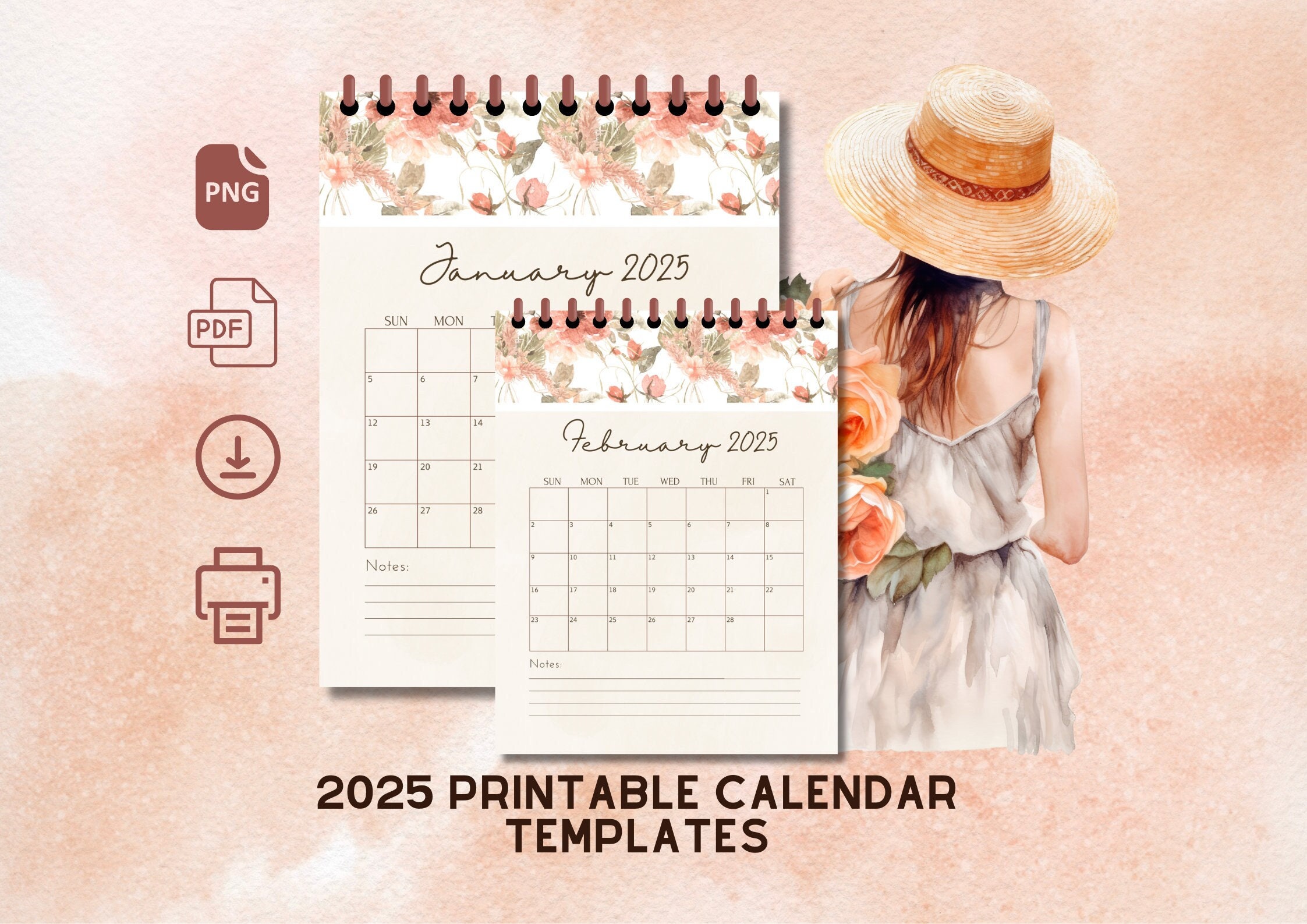 2025 Printable Calendar Templates Floral Etsy