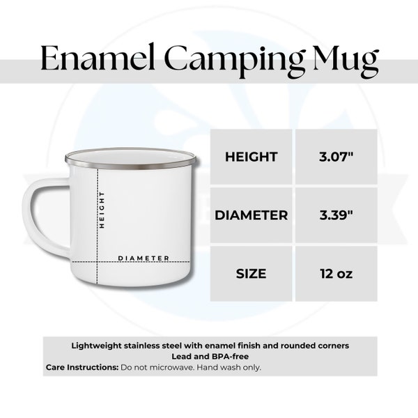 Enamel Camping Mug Size Chart, 12 oz Enamel Mug Sizing Guide, White Enamel Mug Mockup Bundle, Digital Download JPG PNG, Mug Care Card