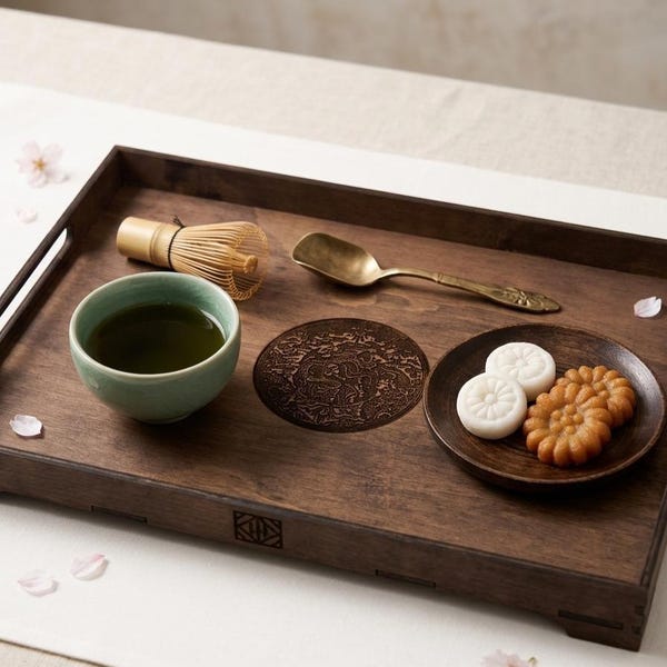 Korean Dark Walnut Wood Serving Tray | Dragon Medallion Tea Tray | Handmade Home Decor