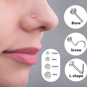 Tiny Diamond Nose Stud, 1.5mm/2mm/2.5mm/3mm CZ Nose Ring L-Shape Nose Screw Implant Grade Titanium Nose Bone Nose Piercing Jewelry 20G