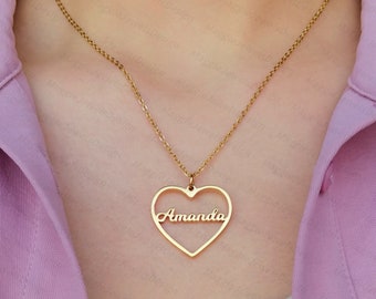 Personalized Heart Name Necklace, Cable Chain Heart Necklace, Gold/Silver Custom Name Necklace for Women, Personalized Christmas Gifts
