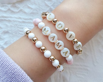 Personalized Bracelets Name Bracelet, Mother of Pearl Custom Word Bracelet, Stackable Bracelet Mama Bracelet, Custom Beaded Bracelets
