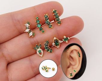 Orecchini a bottone 16G CZ, delicati orecchini verde smeraldo Borchie per piercing al trago dell'elica della cartilagine, piccoli orecchini a bottone in oro/argento con retro a vite