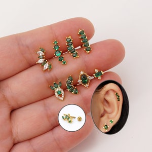 16G CZ Stud Earrings, Dainty Emerald Green Earrings Cartilage Helix Tragus Piercing Studs, Tiny Gold/Silver Screw Back Stud Earrings