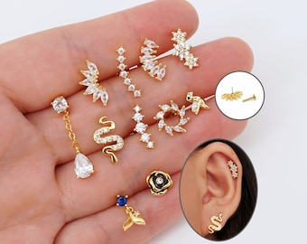 CZ Cartilage Earrings Flat Back Studs Push Pin Labret Earrings Titanium, 16G Helix/Cartilage/Tragus Piercing Earrings Threadless Minimalist