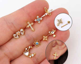 CZ Stud Earrings, 20G Dainty Helix Earrings Cartilage Studs Tragus Piercing Stud Earrings, Tiny Gold/Silver Stud Earrings Screw Flat Back
