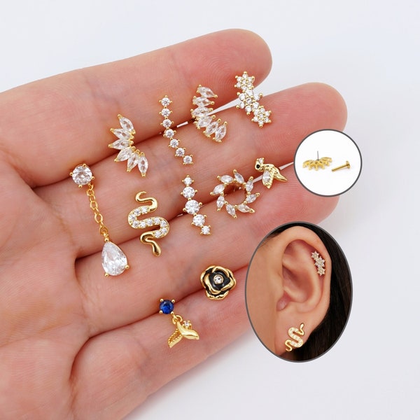 Boucles d'oreilles cartilage CZ à dos plat Boucles d'oreilles labret à épingles titane, 16G Boucles d'oreilles piercing Helix/Cartilage/Tragus Sans filetage Minimaliste