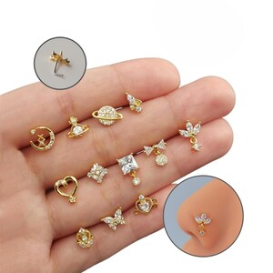 CZ Nose Studs, 20G Statement Nose StudPiercing Required Big Nose Stud, L-Shaped Dangle Nose Studs, Nose Piercing, Gold/Silver Nose Jewelry image 2