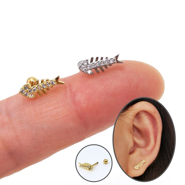 Fish Bone Stud Earrings, CZ Helix Earrings Cartilage Studs, Tiny Gold/Silver Fish Skelton Stud Earrings Screw Back