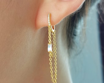 Boucles d’oreilles à chaîne délicate, boucles d’oreilles CZ Hoop, cerceaux Dangle, boucles d’oreilles Cartilage/Helix Huggie Hoop, cadeau de demoiselle d’honneur Tiny Huggies or/argent