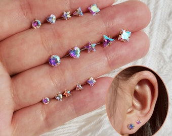 Petits clous d'oreilles 20 g, clous d'oreilles en cristal AB 3/4/5 mm, aurores boréales, zircons cubiques, boucles d'oreilles avec vis hélicoïdale/cartilage/tragus piercing