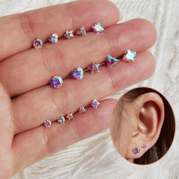 20G Tiny Stud Earrings, 3/4/5mm AB Crystal Studs, Aurora Borealis Cubic Zirconia Helix/Cartilage/Tragus Piercing Screw Ball End Earrings