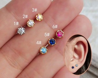 Puces d'oreilles 20 g, zircones cubiques 3,5 mm, Aurore boréale/bleu/rose, boucles d'oreilles boule hélicoïdale/cartilage/tragus